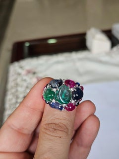 Set in 18K Gold, Blue Sapphires, Emeralds, Ruby & Diamonds Cocktail Cluster Ring