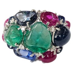 Set in 18K Gold, Blue Sapphires, Emeralds, Ruby & Diamonds Cocktail Cluster Ring