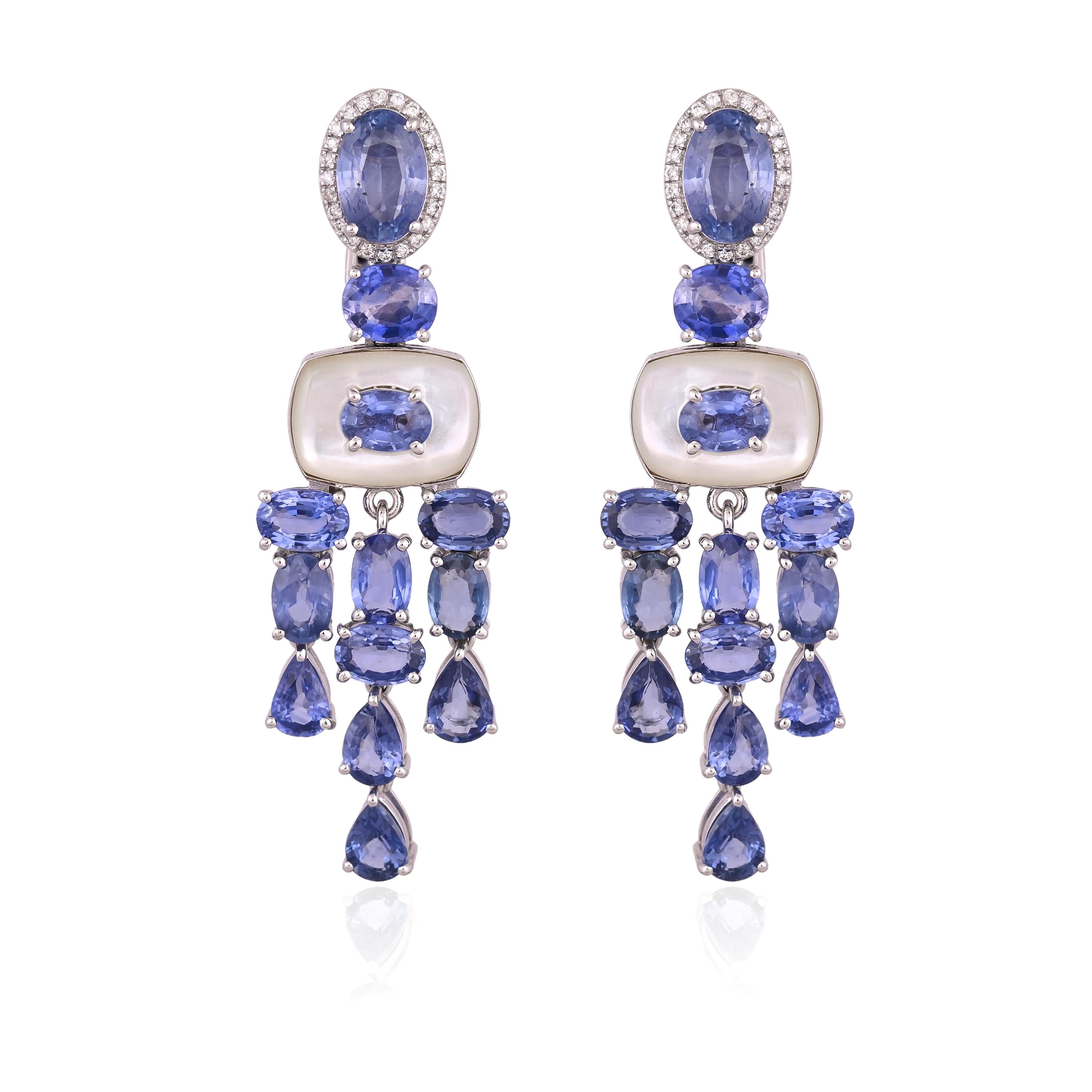 Kronleuchter-Ohrringe aus 18 Karat Gold, blaue Saphire, Perlmutt und Diamanten im Angebot 7