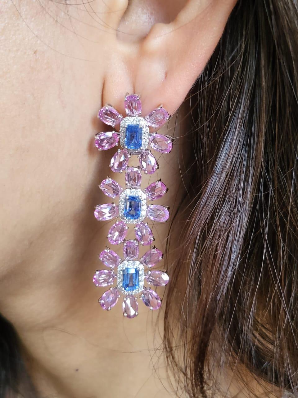 Rose Cut Set in 18K Gold, Blue Sapphires, Pink Sapphires & Diamonds Chandelier Earrings For Sale