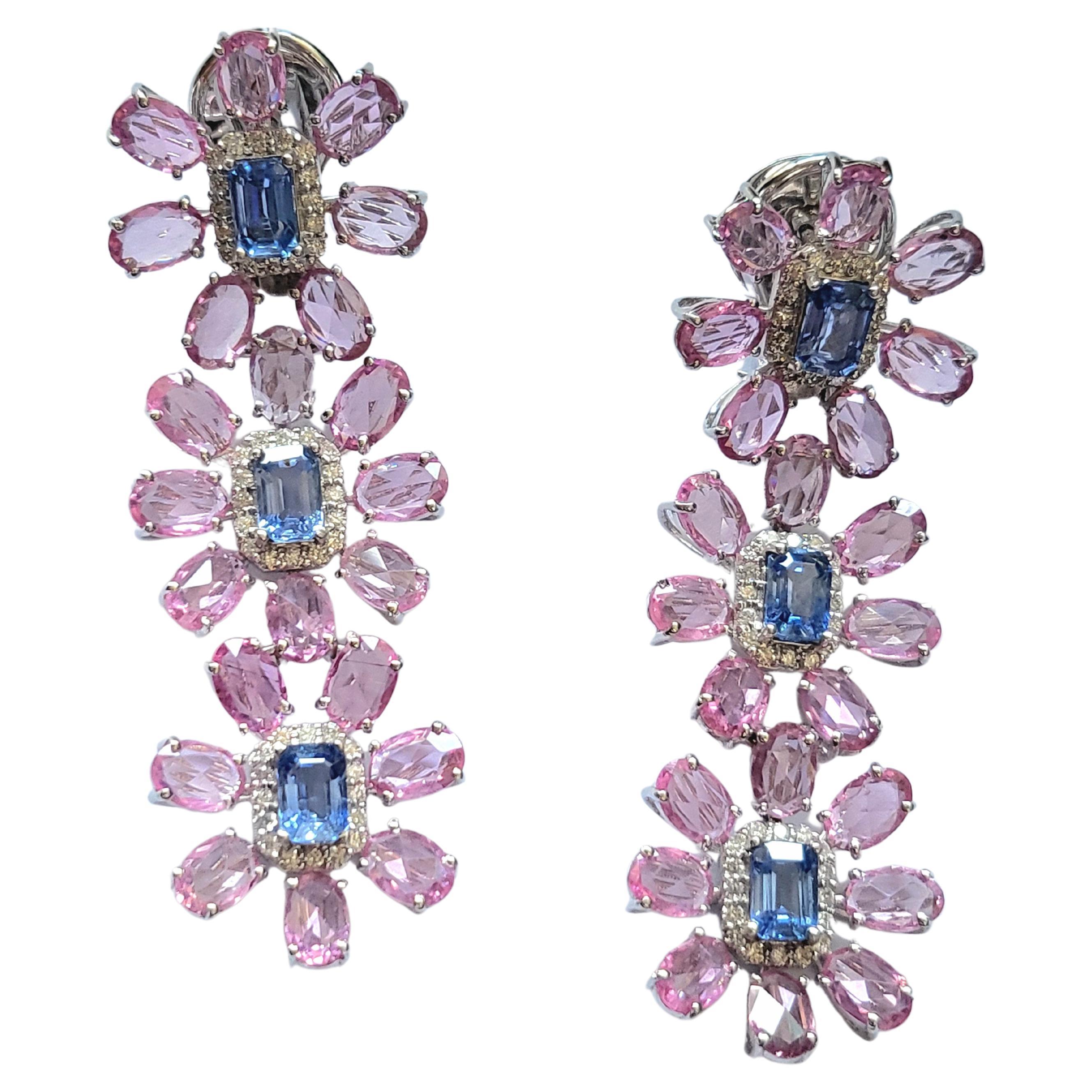 Chandelier-Ohrringe aus 18 Karat Gold, blauen Saphiren, rosa Saphiren und Diamanten