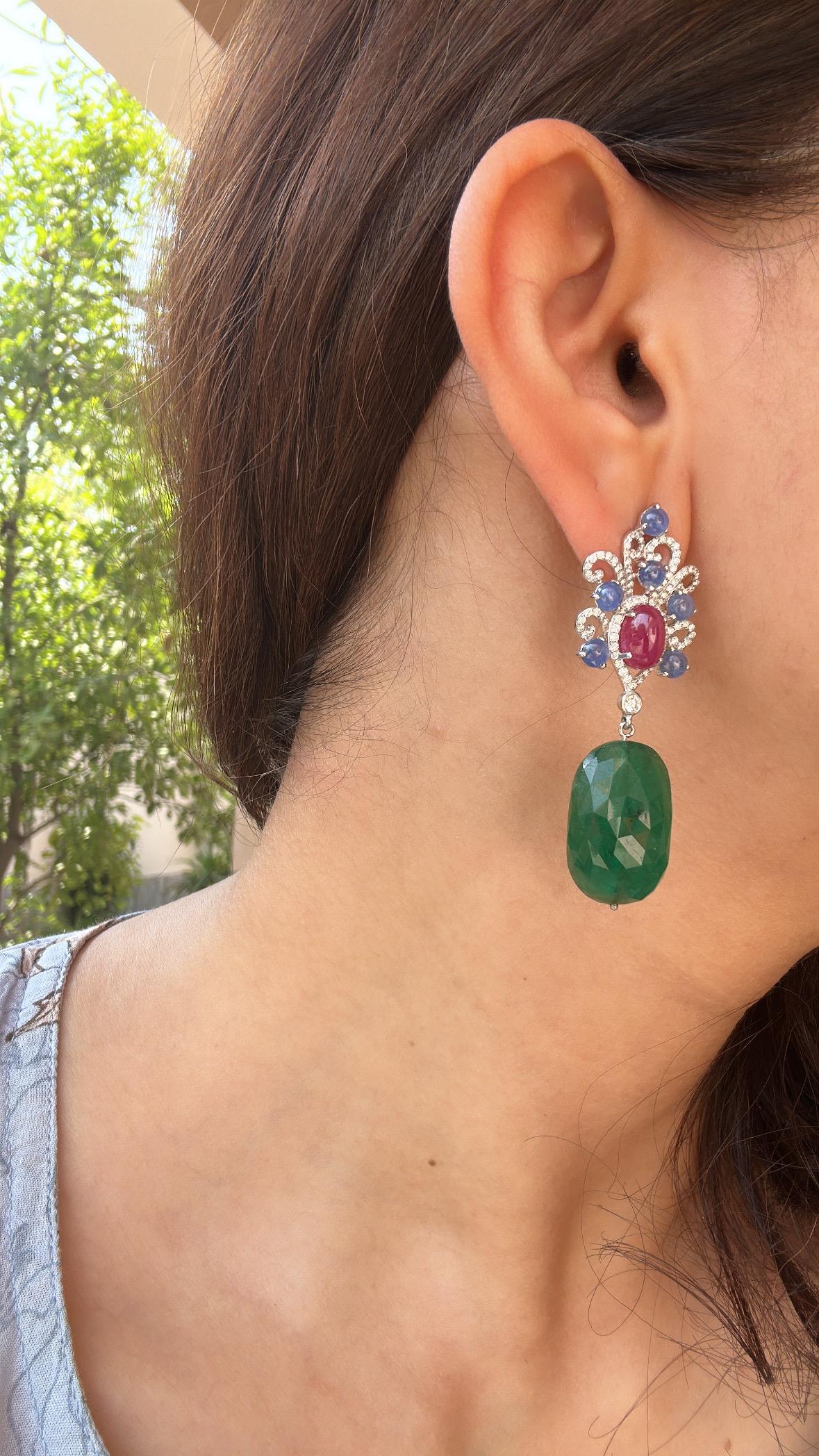 Set in 18K Gold, Blue Sapphires, Ruby, Emerald Tumble & Diamonds Dangle Earrings For Sale 4