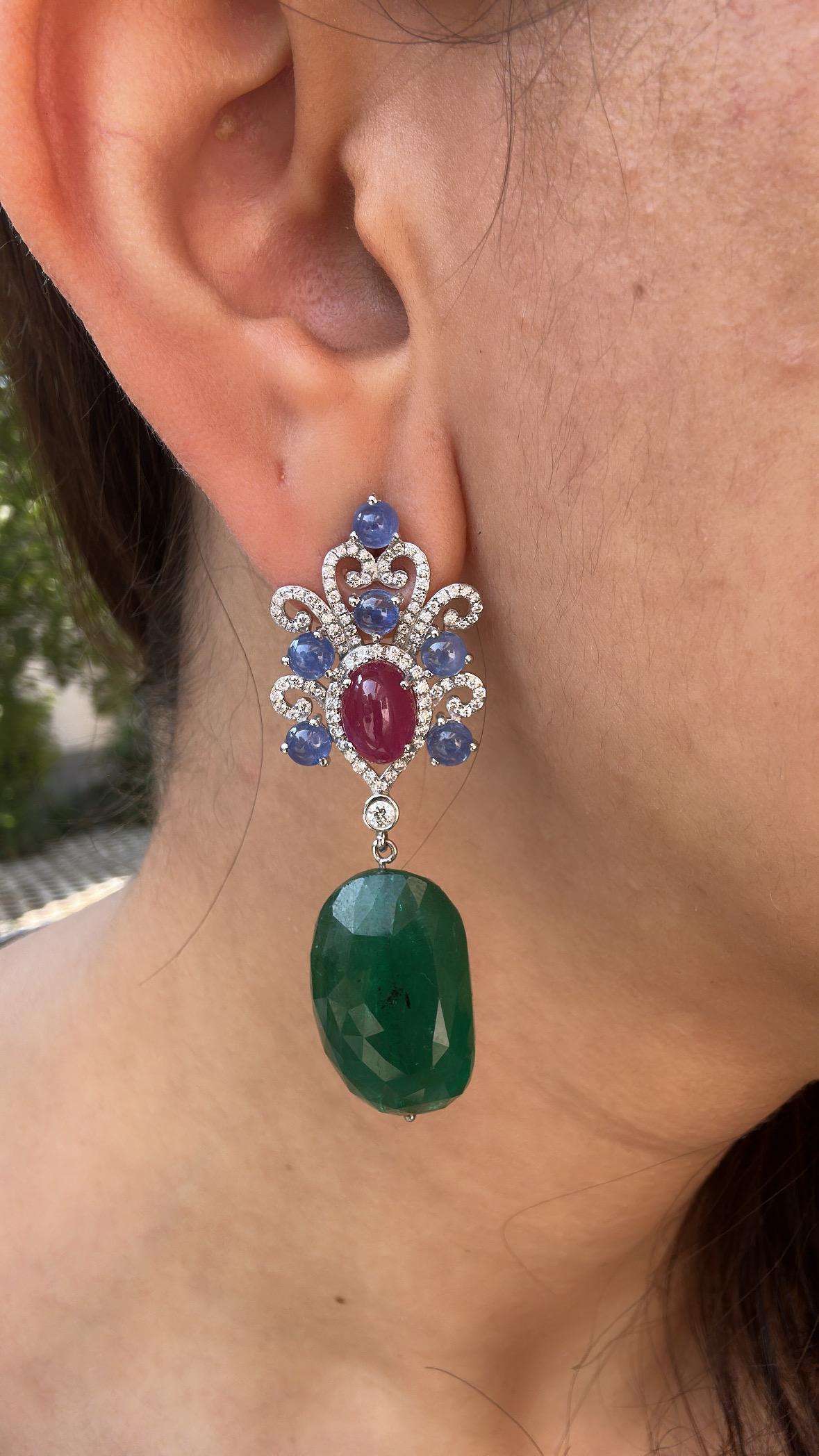 Set in 18K Gold, Blue Sapphires, Ruby, Emerald Tumble & Diamonds Dangle Earrings For Sale 5