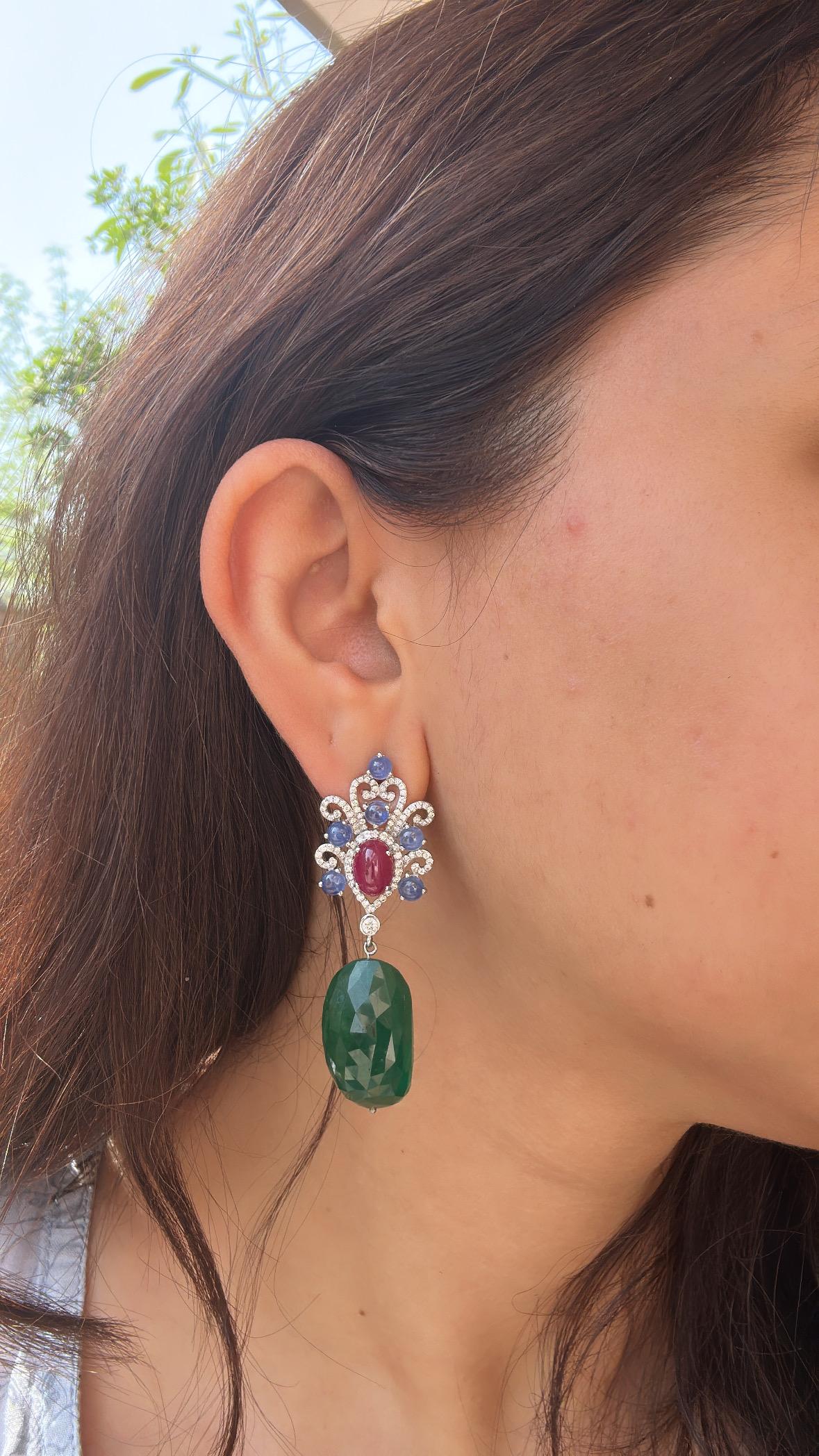 Set in 18K Gold, Blue Sapphires, Ruby, Emerald Tumble & Diamonds Dangle Earrings For Sale 6