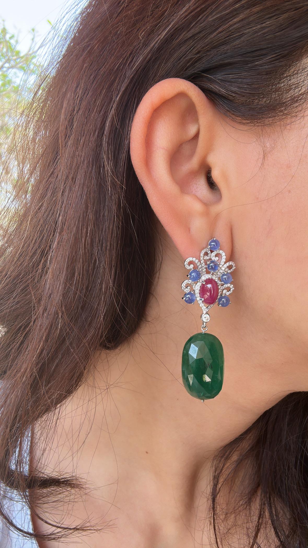 Set in 18K Gold, Blue Sapphires, Ruby, Emerald Tumble & Diamonds Dangle Earrings For Sale 7