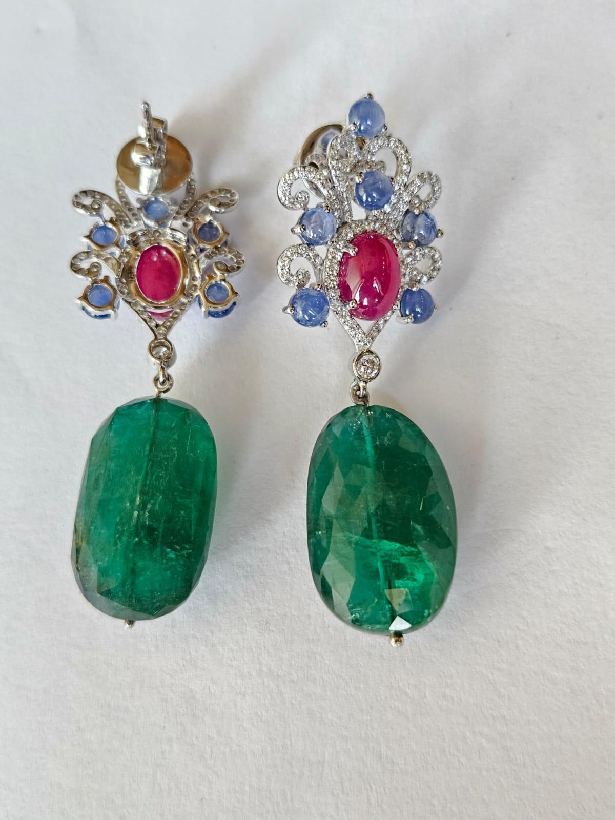 Contemporary Set in 18K Gold, Blue Sapphires, Ruby, Emerald Tumble & Diamonds Dangle Earrings For Sale