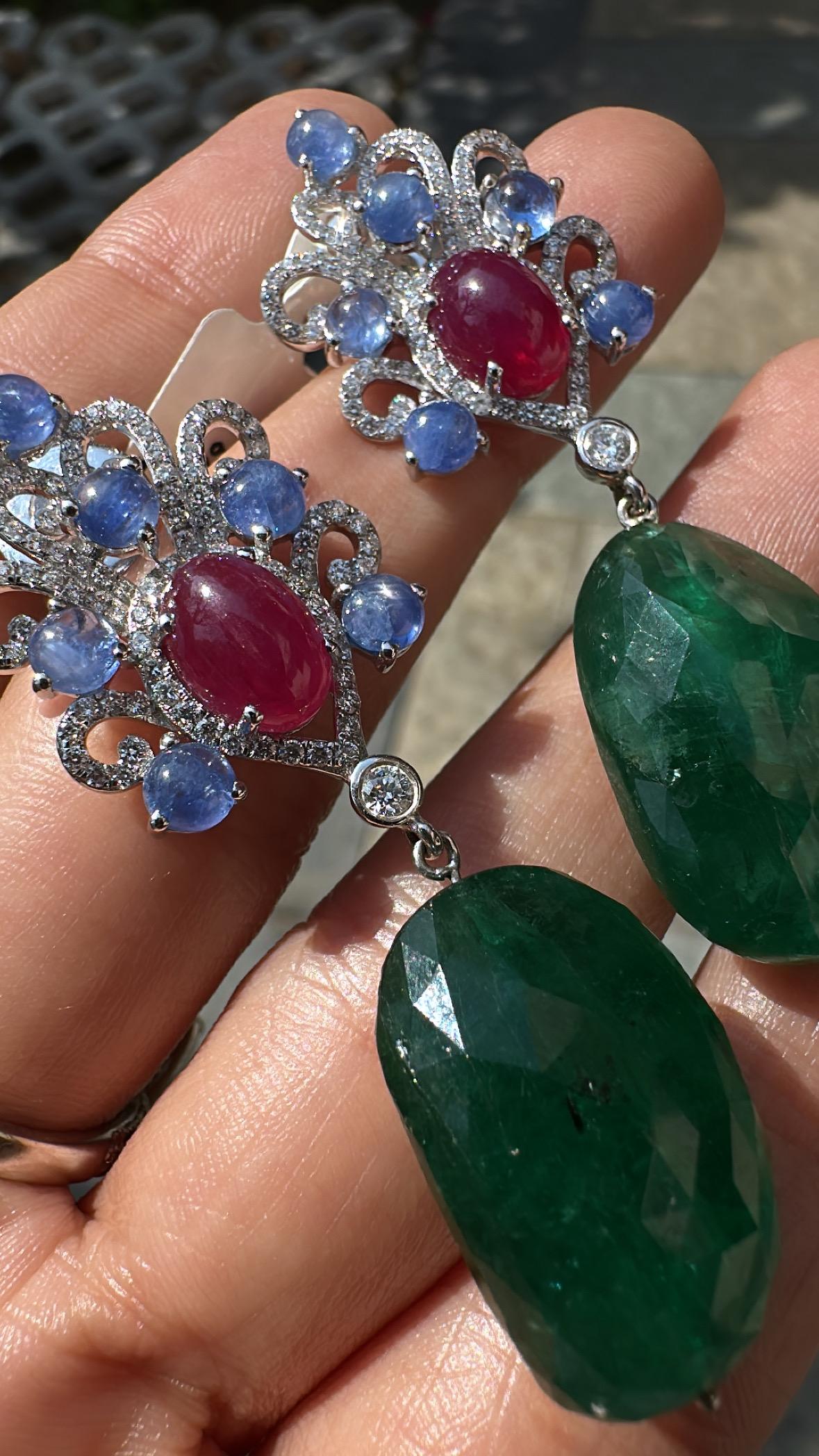Women's or Men's Set in 18K Gold, Blue Sapphires, Ruby, Emerald Tumble & Diamonds Dangle Earrings For Sale