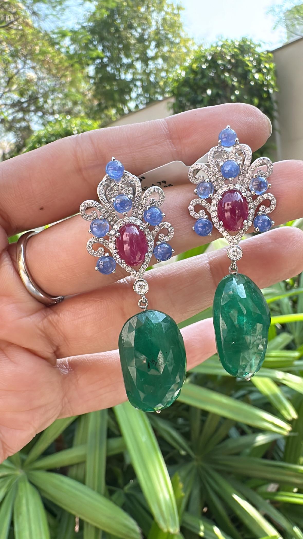 Set in 18K Gold, Blue Sapphires, Ruby, Emerald Tumble & Diamonds Dangle Earrings For Sale 1