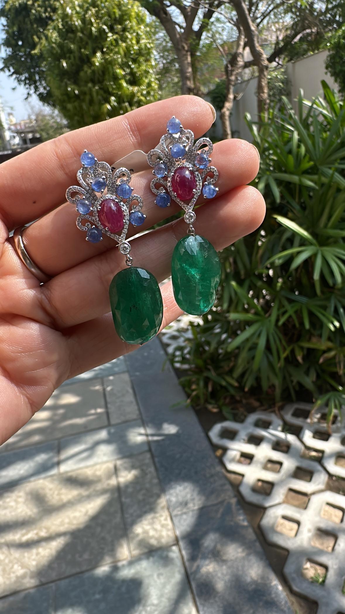 Set in 18K Gold, Blue Sapphires, Ruby, Emerald Tumble & Diamonds Dangle Earrings For Sale 2