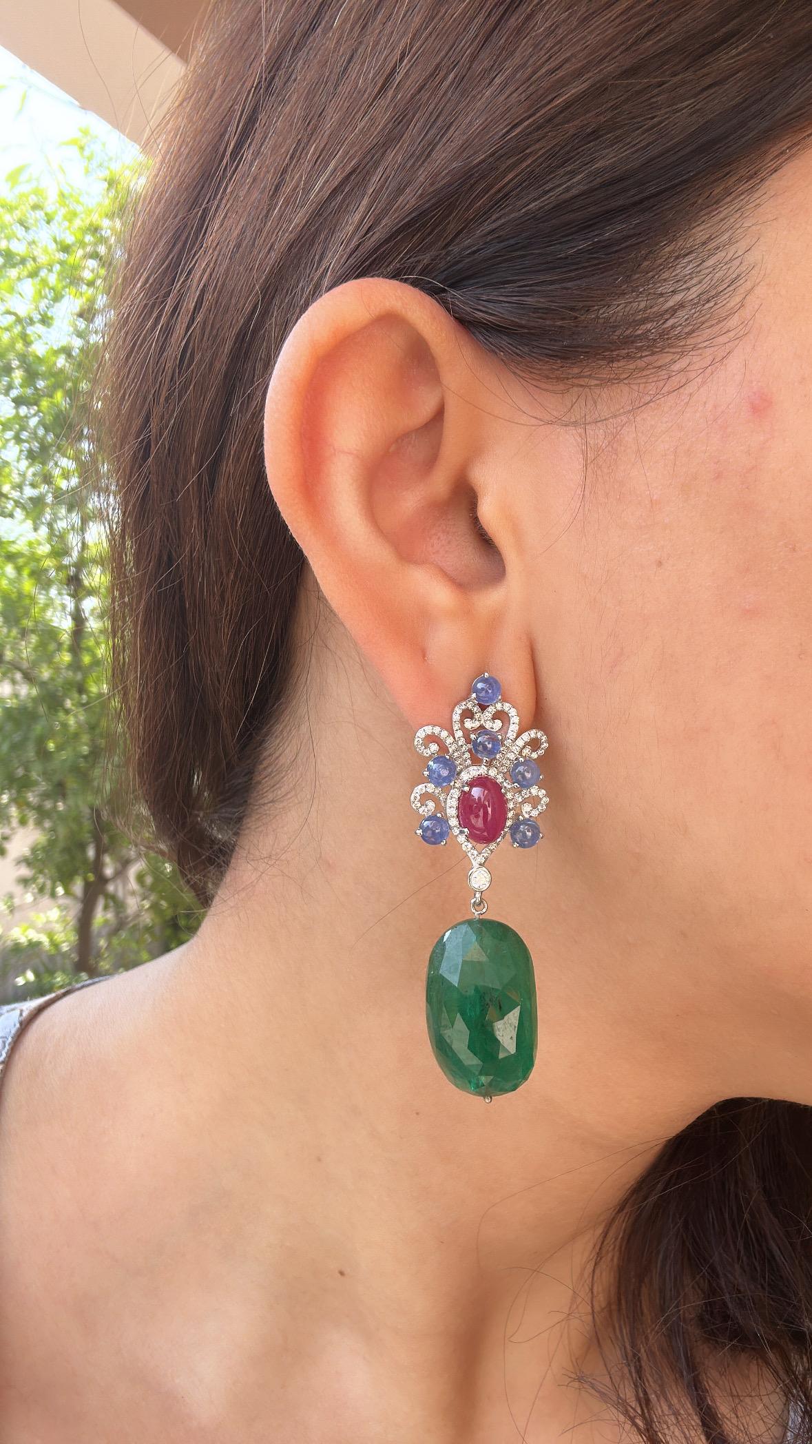 Set in 18K Gold, Blue Sapphires, Ruby, Emerald Tumble & Diamonds Dangle Earrings For Sale 3