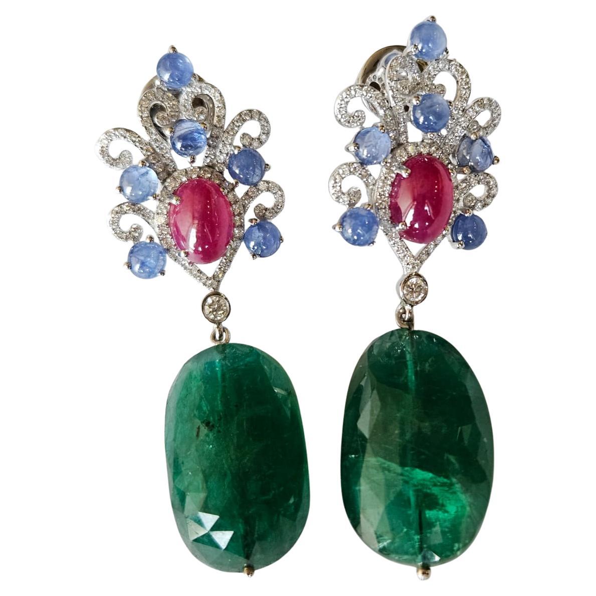 Set in 18K Gold, Blue Sapphires, Ruby, Emerald Tumble & Diamonds Dangle Earrings