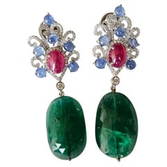 Set in 18K Gold, Blue Sapphires, Ruby, Emerald Tumble & Diamonds Dangle Earrings