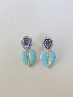 Set in 18K Gold, Blue Sapphires, Turquoise Enamel & Diamonds Drop Earrings