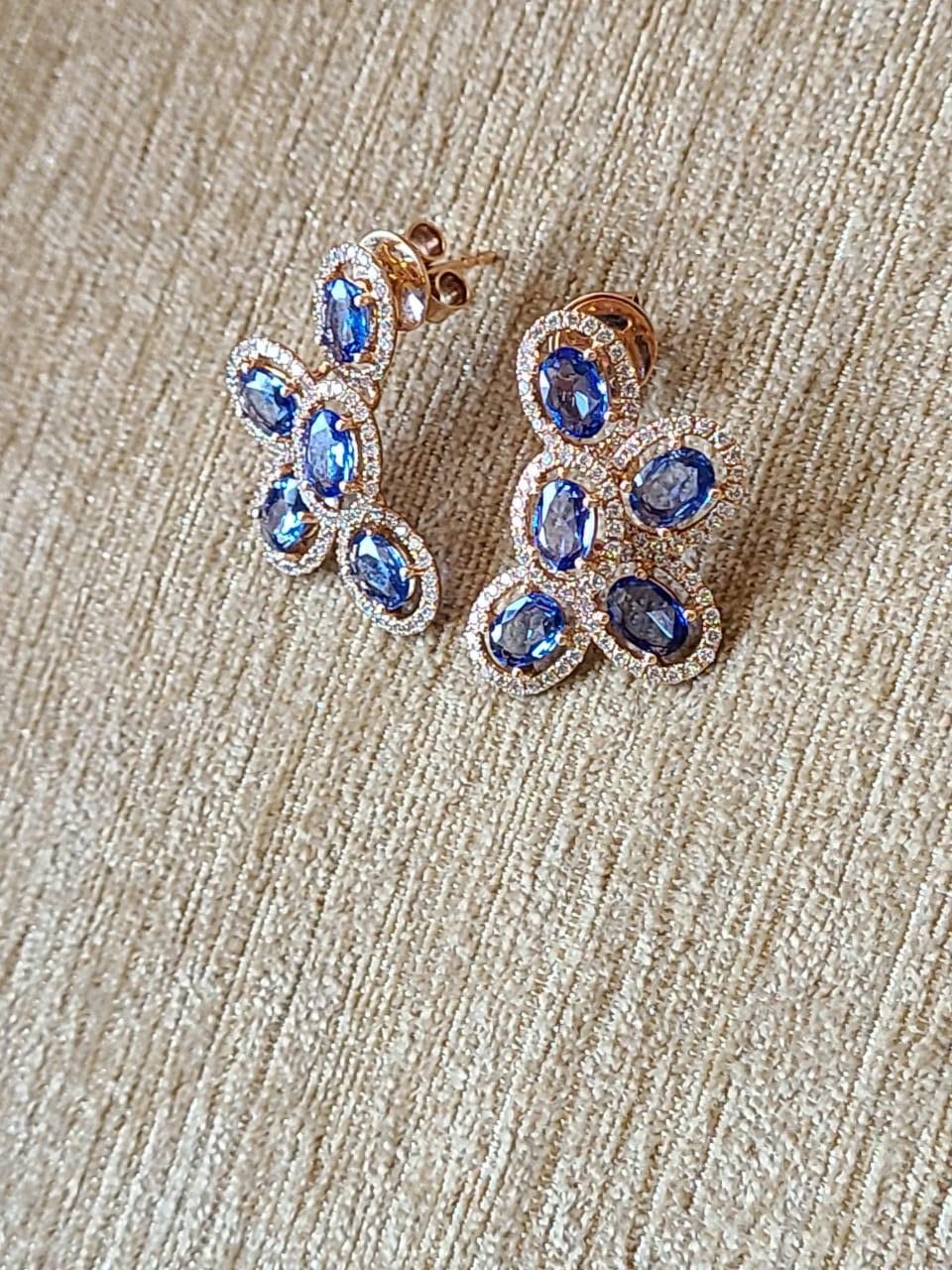 Oval Cut Set in 18K Gold, Carats Blue Sapphire Ovals & Diamonds Stud Earrings