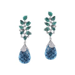 Set in 18 Karat Gold, Carved Aquamarine, Emerald Carved and Diamond Drop Earring