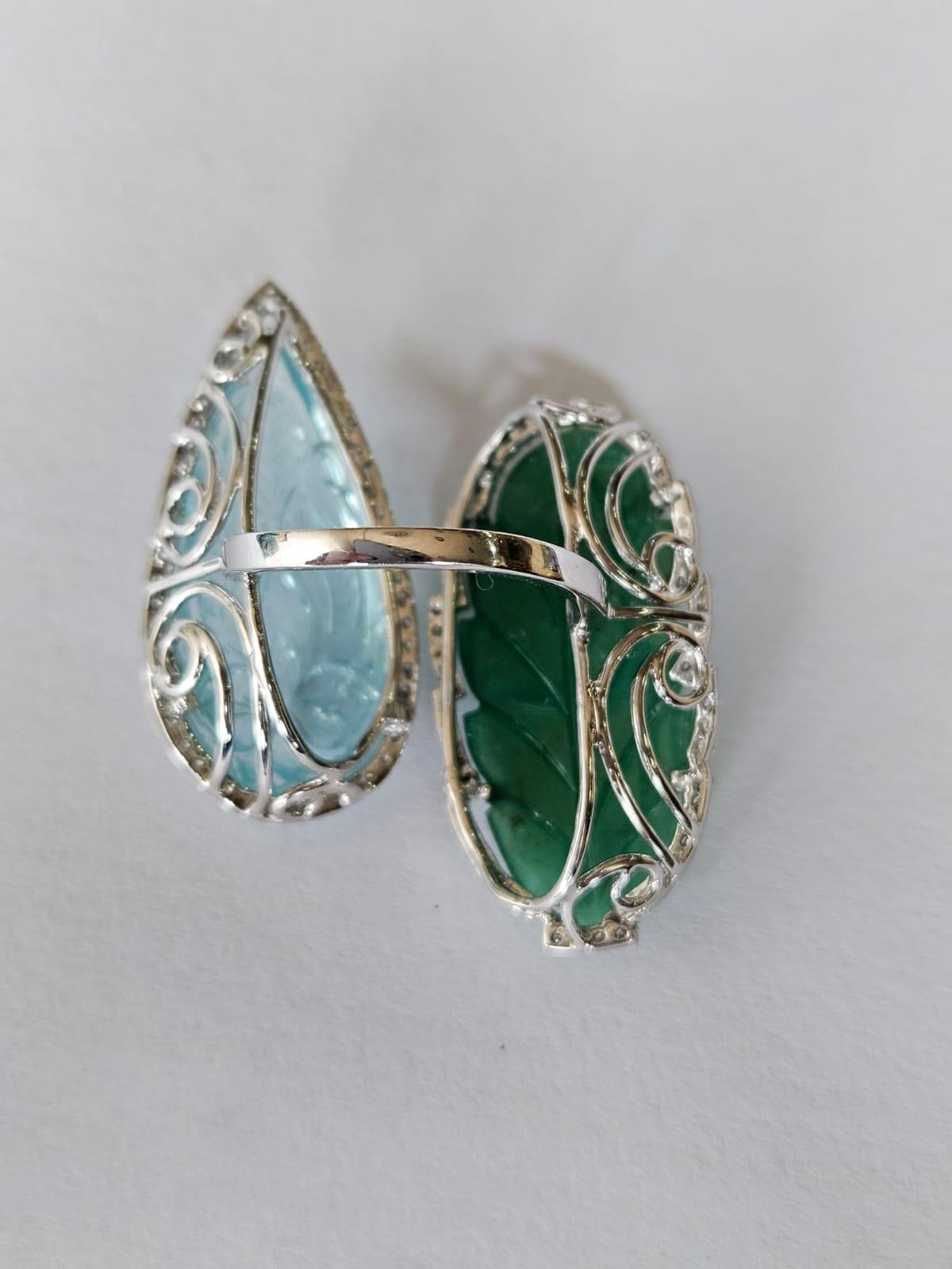Artisan Set in 18K Gold, carved Aquamarine, Emerald & Diamonds Cocktail/ Toi et Moi Ring For Sale