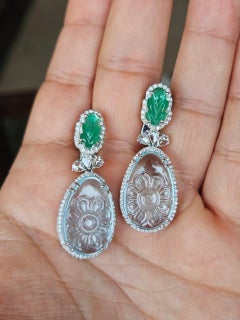 Set in 18K Gold, carved Aquamarine, Emerald & Rose cut Diamonds Dangle Earrings