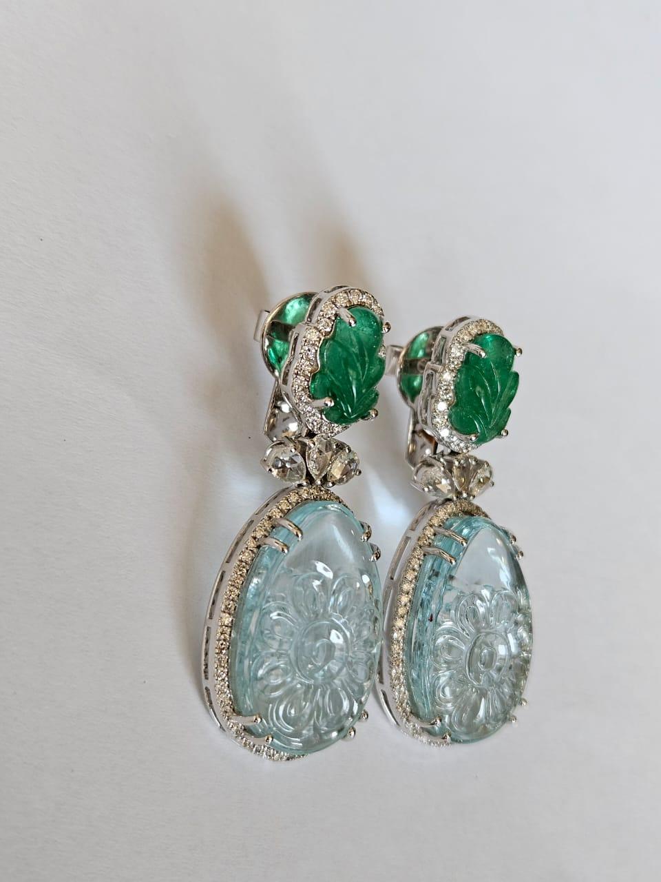 Pendientes colgantes de oro de 18 quilates, aguamarina tallada, esmeralda y diamantes talla rosa Corte rosa en venta