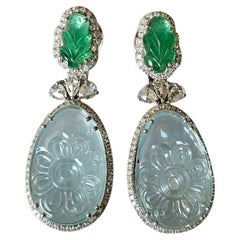 Set in 18K Gold, carved Aquamarine, Emerald & Rose cut Diamonds Dangle Earrings