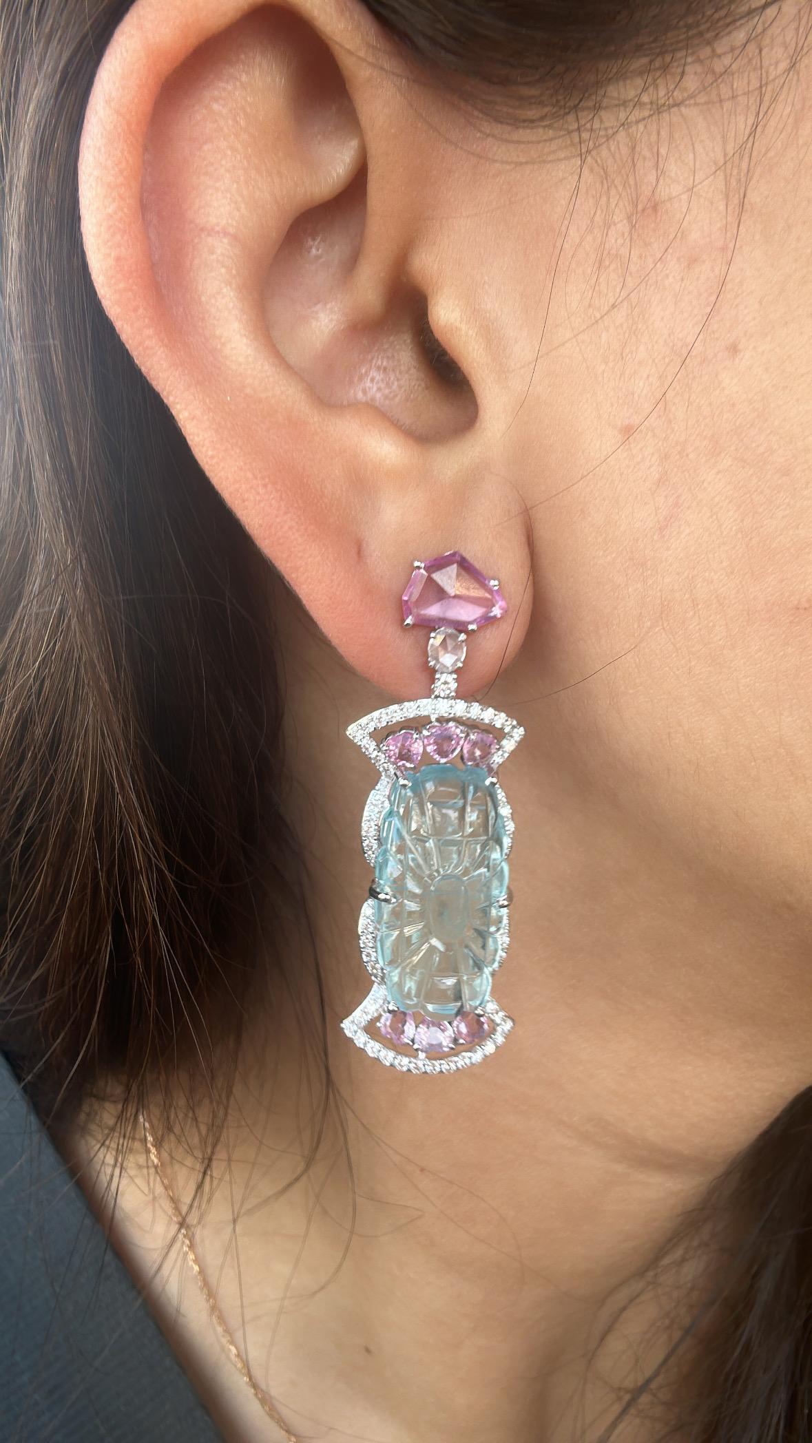 da uomo o donna Orecchini pendenti con acquamarina, zaffiri rosa e diamanti, incastonati in oro 18 carati in vendita