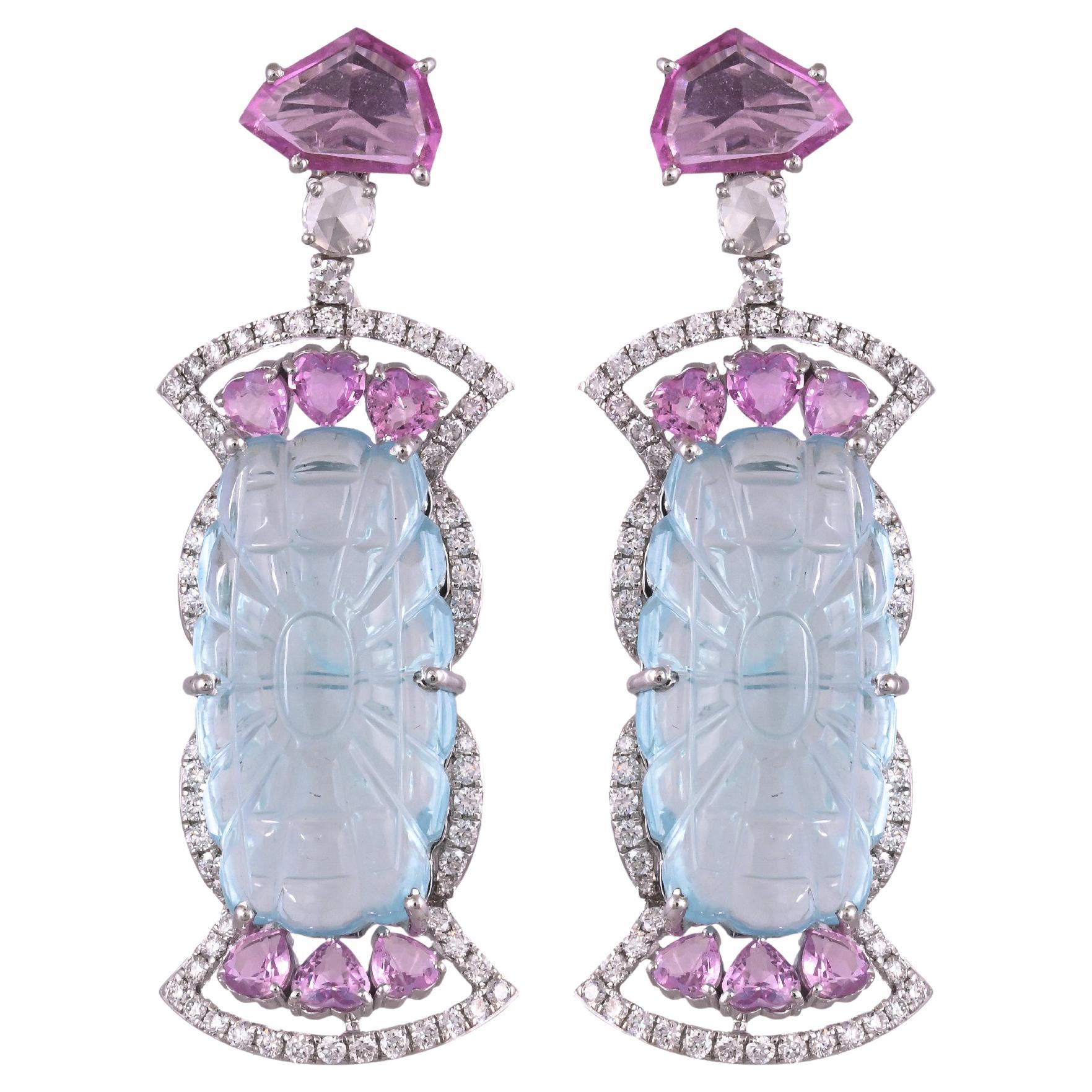 Pendants d'oreilles en or 18 carats, aigue-marine sculptée, saphirs roses et diamants