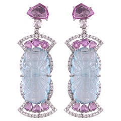 Set in 18K Gold, carved Aquamarine, Pink Sapphires & Diamonds Dangle Earrings