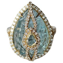 Set in 18K Gold, carved Aquamarine & Rose Cut Diamonds Cocktail Engagement Ring