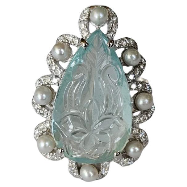 Set in 18K Gold, carved Aquamarines, Freshwater Pearls & Diamonds Cocktail Ring For Sale