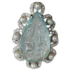 Anello da cocktail in oro 18 carati, acquamarine scolpite, perle d'acqua dolce e diamanti
