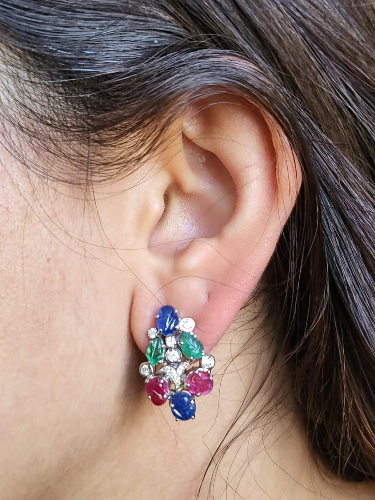 Artisan Set in 18k Gold, Carved Blue Sapphire, Emerald & Ruby Tutti-Frutti Stud Earrings