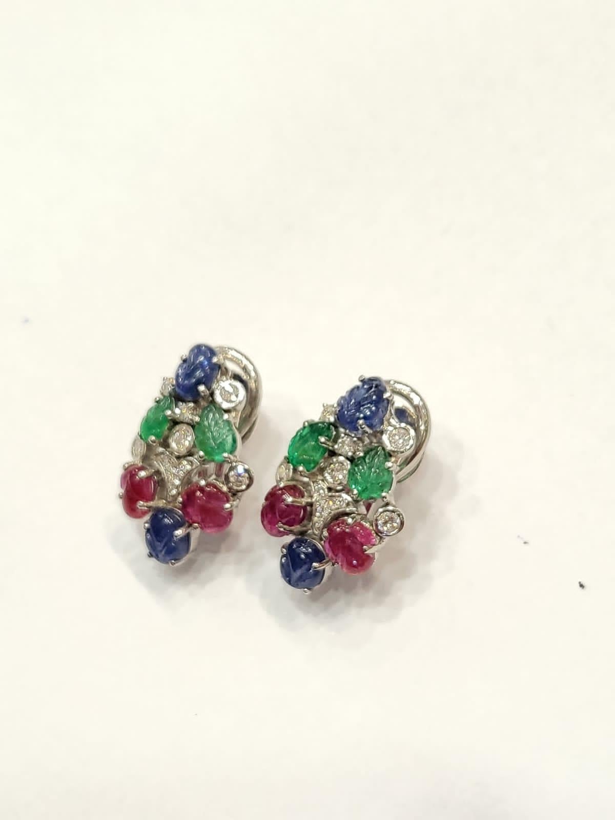 Set in 18k Gold, Carved Blue Sapphire, Emerald & Ruby Tutti-Frutti Stud Earrings 1