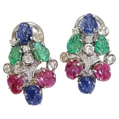 Set in 18k Gold, Carved Blue Sapphire, Emerald & Ruby Tutti-Frutti Stud Earrings