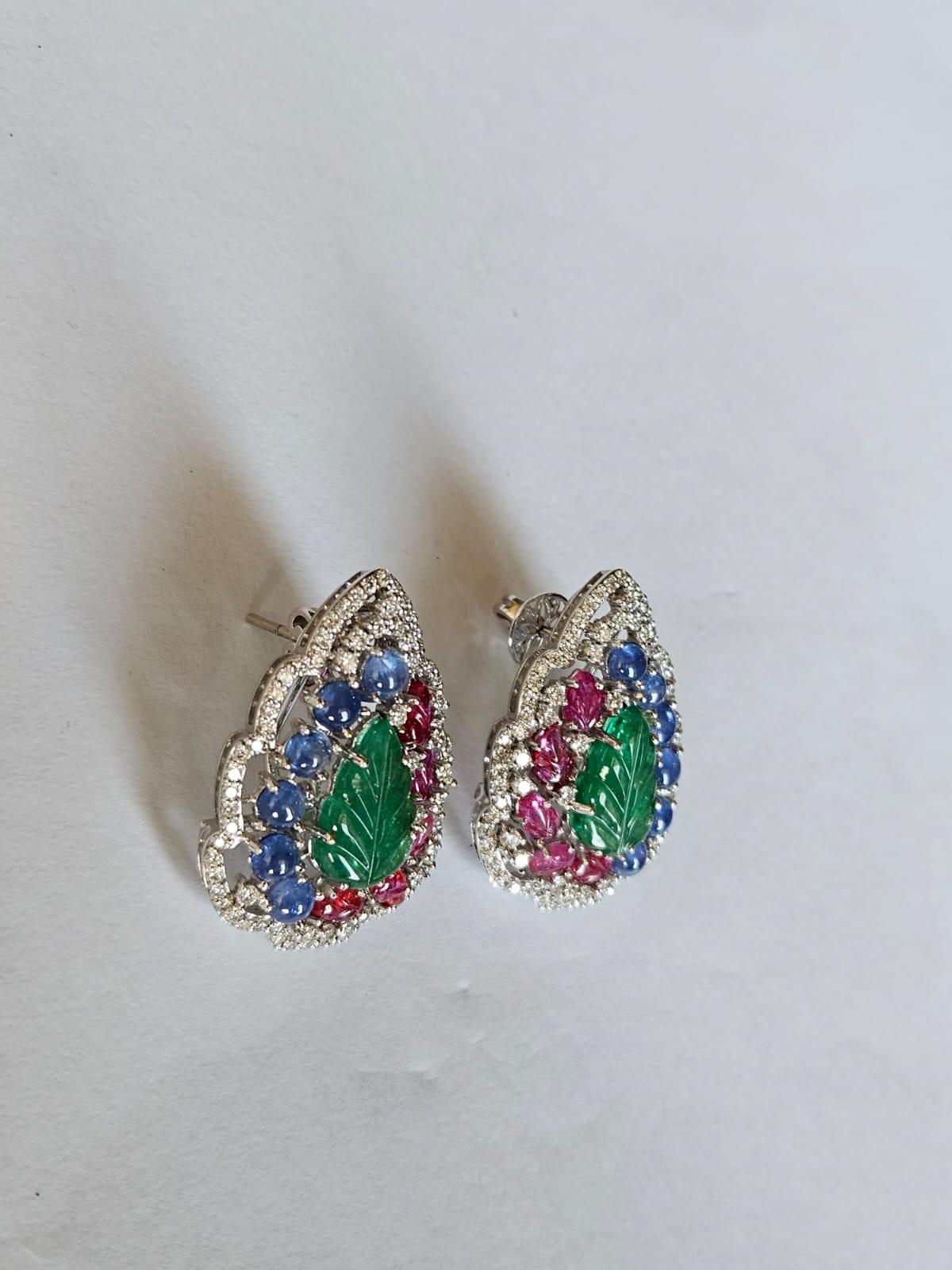 Set in 18K Gold, carved Emerald, Blue Sapphire, Ruby & Diamonds Stud Earrings 4