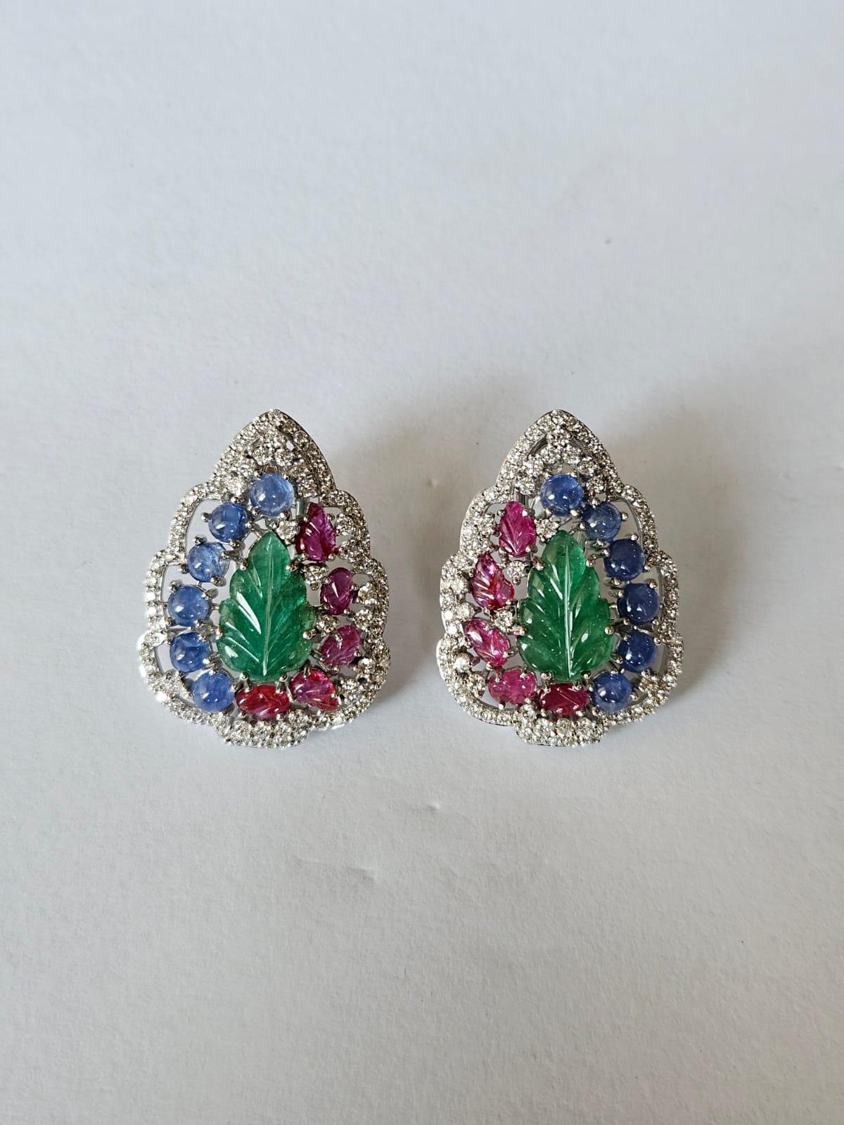Set in 18K Gold, carved Emerald, Blue Sapphire, Ruby & Diamonds Stud Earrings 5