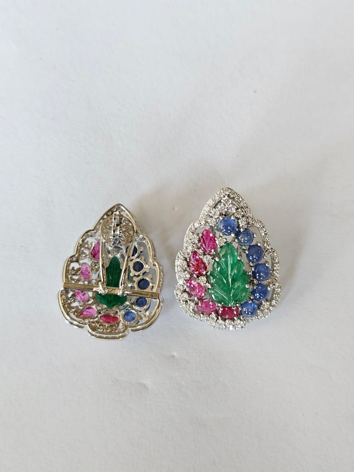 Set in 18K Gold, carved Emerald, Blue Sapphire, Ruby & Diamonds Stud Earrings 6