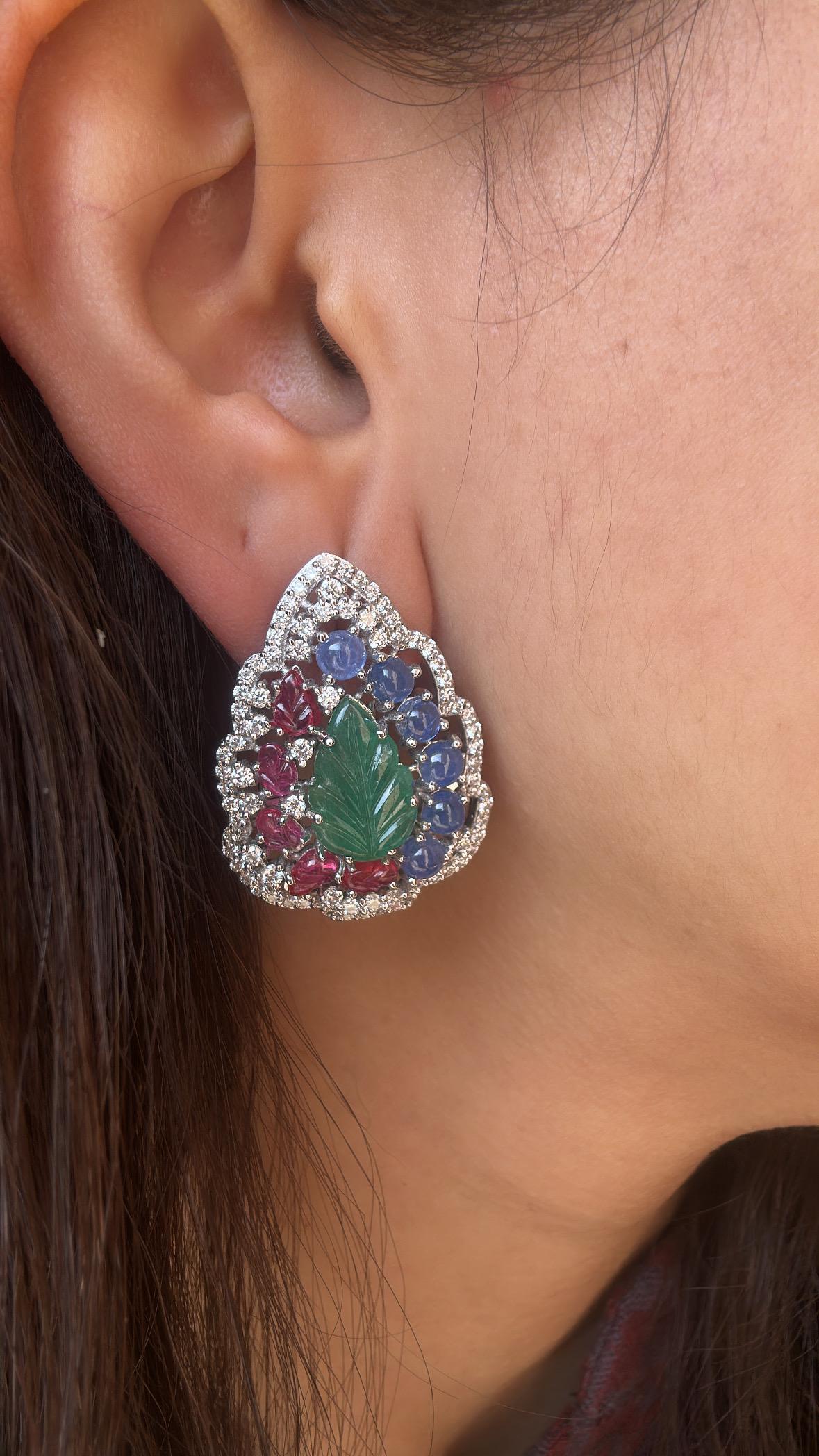 Cabochon Set in 18K Gold, carved Emerald, Blue Sapphire, Ruby & Diamonds Stud Earrings