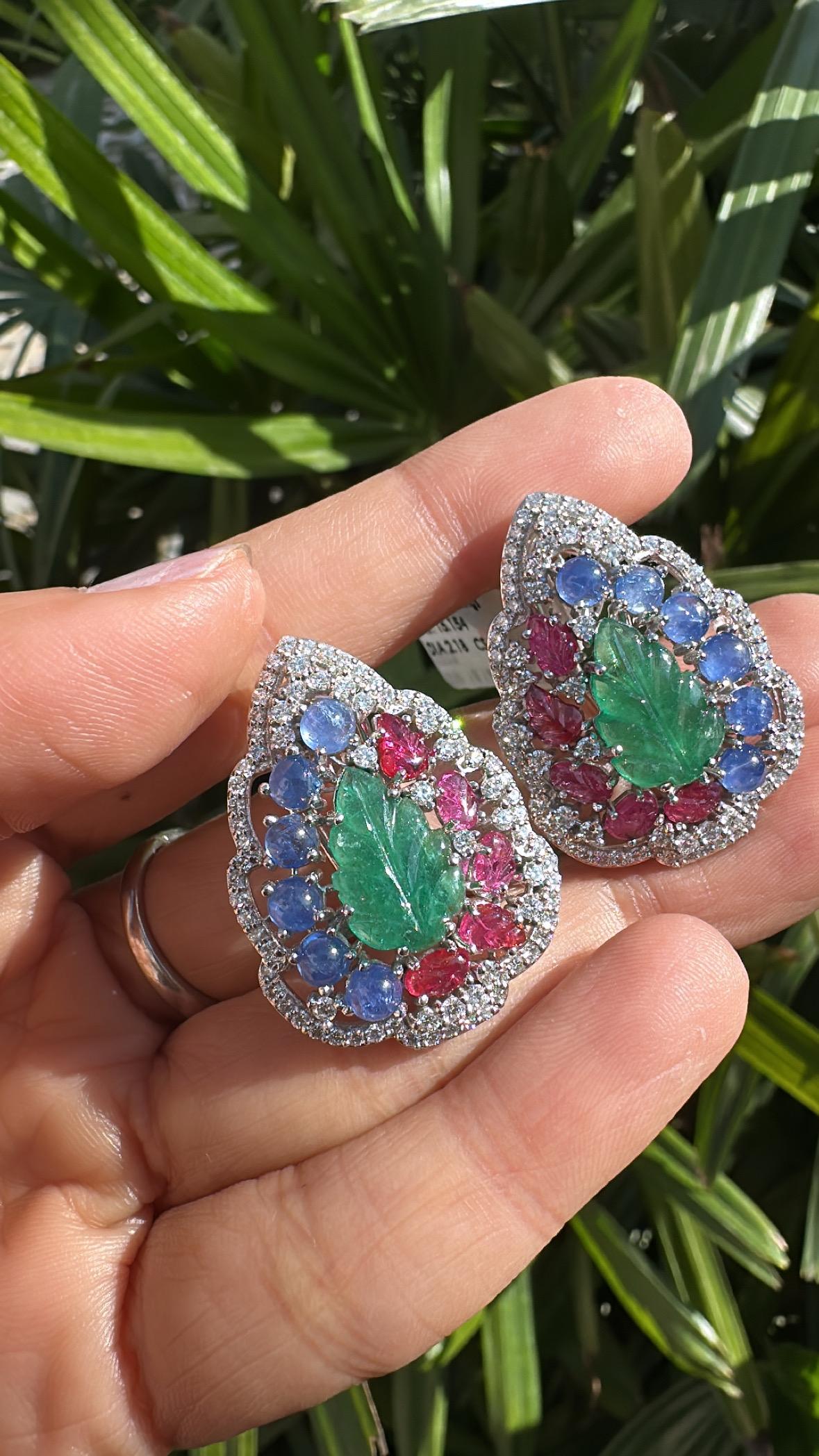 Set in 18K Gold, carved Emerald, Blue Sapphire, Ruby & Diamonds Stud Earrings 1