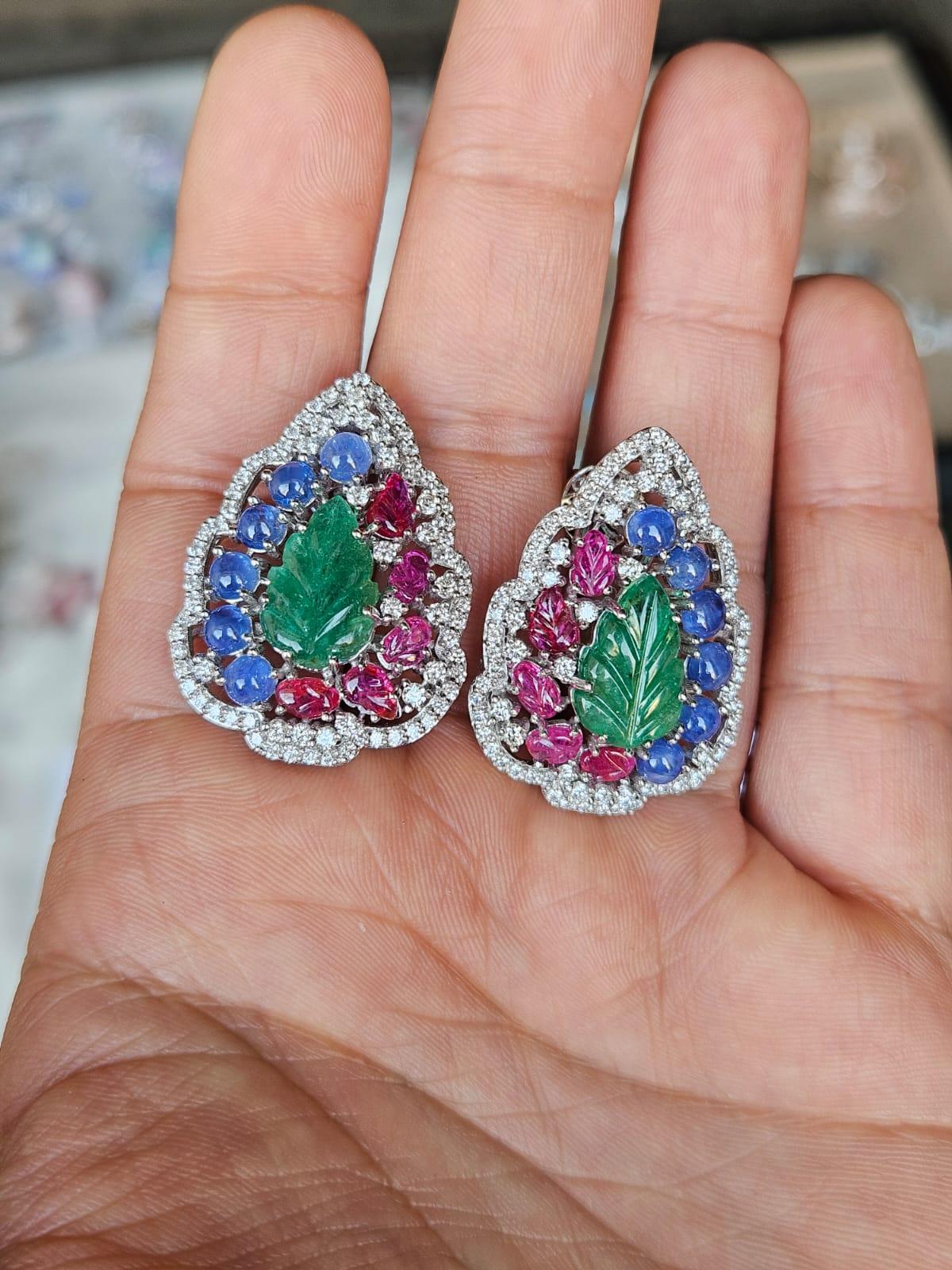 Set in 18K Gold, carved Emerald, Blue Sapphire, Ruby & Diamonds Stud Earrings 3