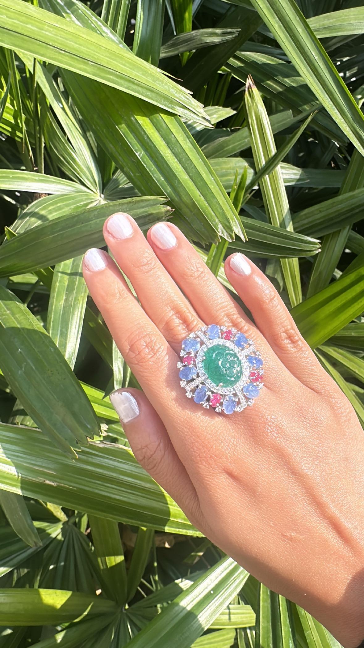 Set in 18K Gold, carved Emerald, Blue Sapphires, Rubies & Diamonds Cocktail Ring For Sale 4