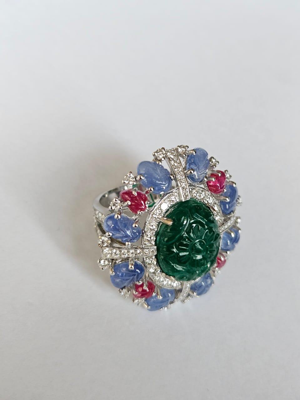 Set in 18K Gold, carved Emerald, Blue Sapphires, Rubies & Diamonds Cocktail Ring In New Condition For Sale In Hong Kong, HK