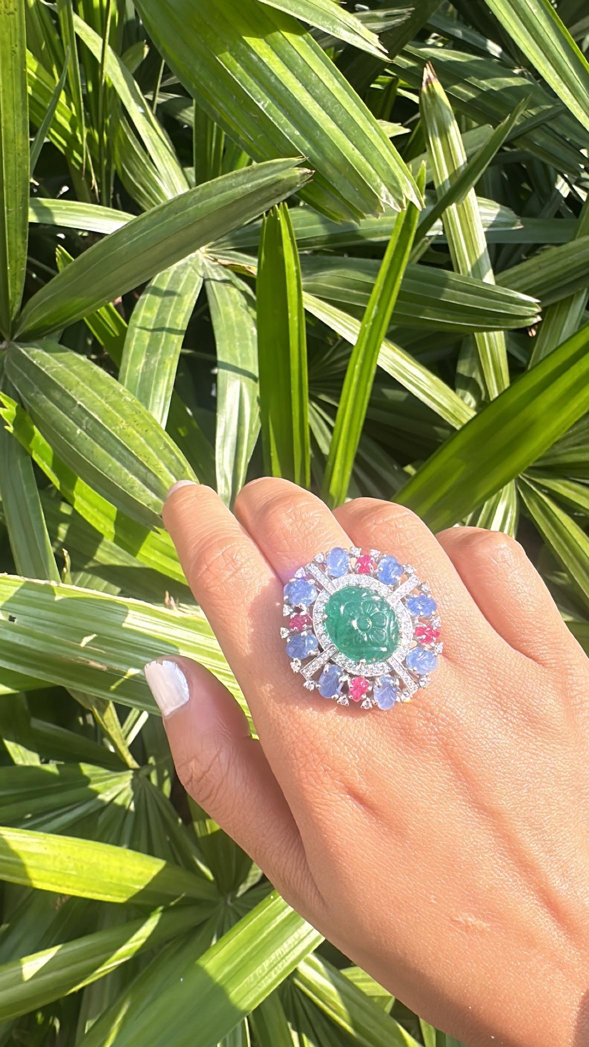 Set in 18K Gold, carved Emerald, Blue Sapphires, Rubies & Diamonds Cocktail Ring For Sale 3