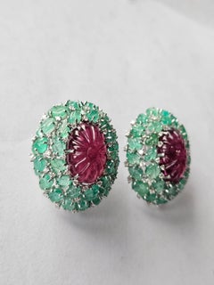 Set in 18K Gold, carved Emeralds, Tourmalines & Diamonds Stud Earrings