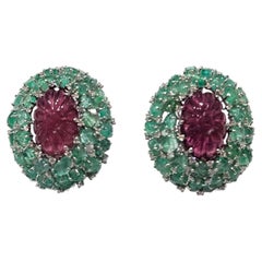 Set in 18K Gold, carved Emeralds, Tourmalines & Diamonds Stud Earrings