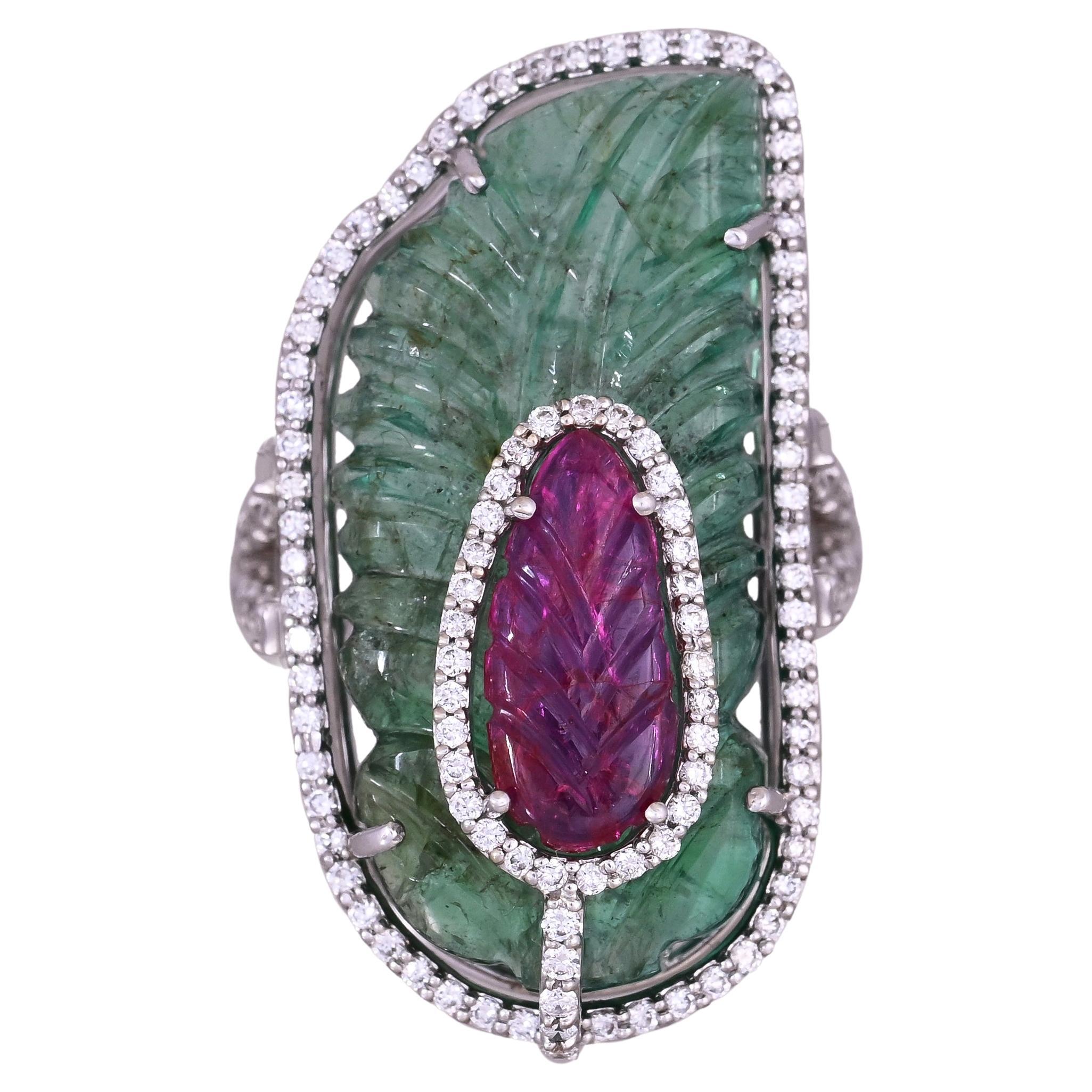 Set in 18K Gold, carved natural Emerald, carved Ruby & Diamonds Cocktail Ring