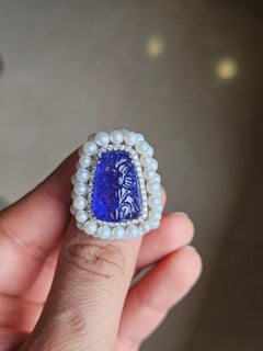 Set in 18K Gold, carved Tanzanite, Freshwater Pearls & Diamonds Cocktail Ring