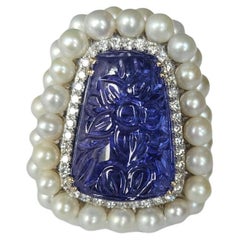 Set in 18K Gold, carved Tanzanite, Freshwater Pearls & Diamonds Cocktail Ring