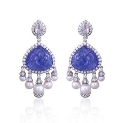 Set in 18K Gold, carved Tanzanite, Freshwater Pearls & Diamonds Dangle Earrings