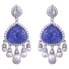 Set in 18K Gold, carved Tanzanite, Freshwater Pearls & Diamonds Dangle Earrings