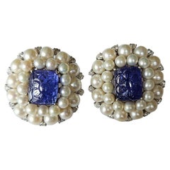 Set in 18K Gold, carved Tanzanite, Freshwater Pearls & Diamonds Stud Earrings
