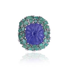 Set in 18K Gold. carved Tanzanite, Zambian Emeralds & Diamonds Cocktail Ring
